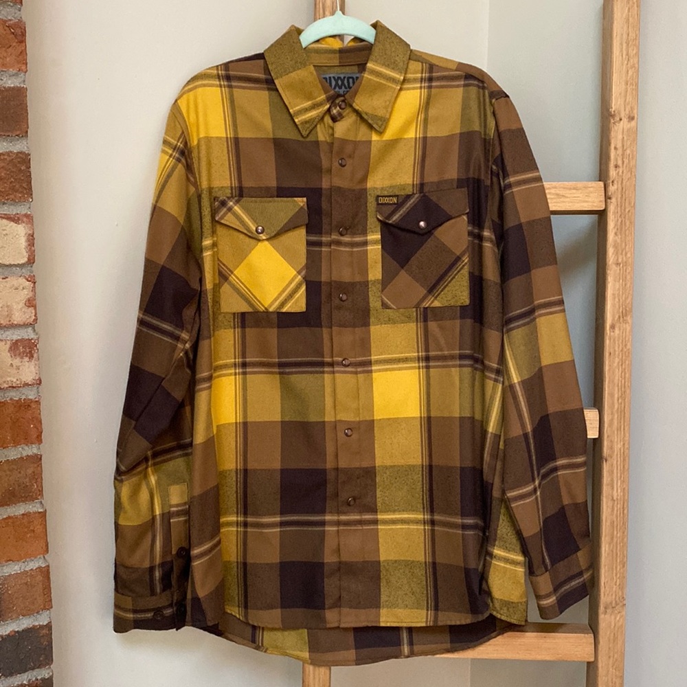 Men’s Dixxon flannel Delmo’s custom size L brown & yellow